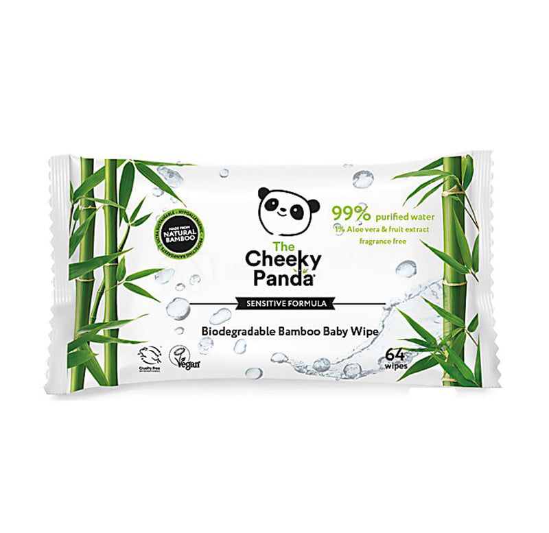 Biodegradable BABY BAMBOO WIPES with Aloe & Apple extract by CHEEKY PANDA, pack of 64 - UNSCENTED