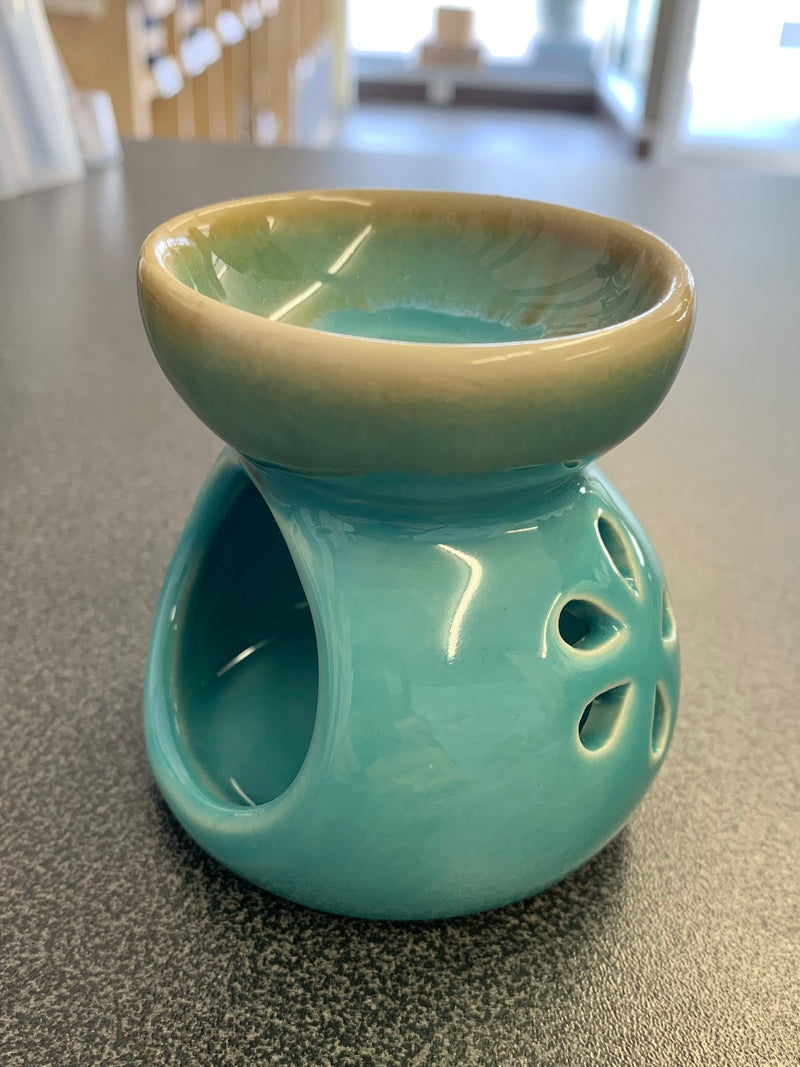 Ceramic FLOWER OIL BURNER - Fairly Traded - TEAL BLUE