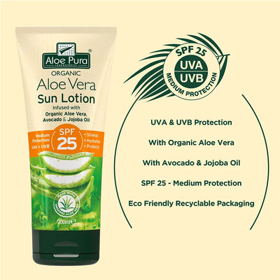 Organic ALOE VERA SUN LOTION with Avocado, Jojoba, Panthenol & Chamomile SPF 25 by ALOE PURA - 200 ML