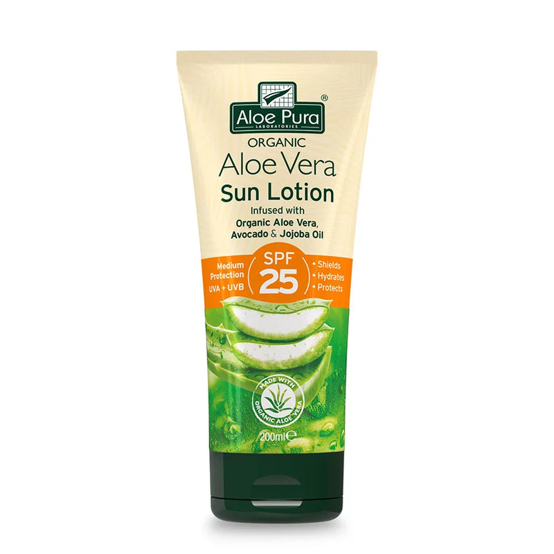 Organic ALOE VERA SUN LOTION with Avocado, Jojoba, Panthenol & Chamomile SPF 25 by ALOE PURA - 200 ML