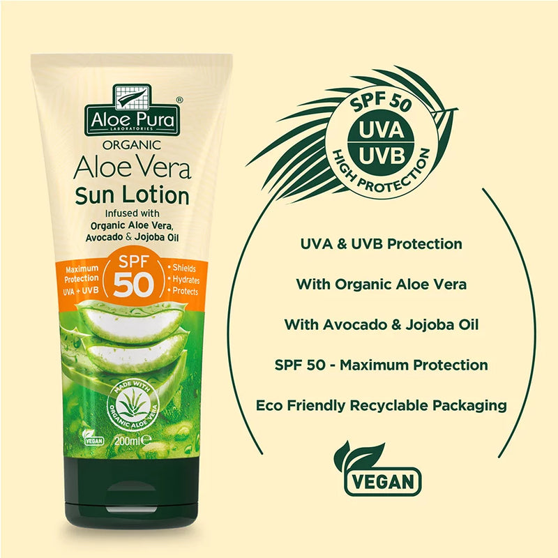 Organic ALOE VERA SUN LOTION with Avocado, Jojoba, Pomegranate, Elderflower & Chamomile SPF 50 by ALOE PURA - 200 ML