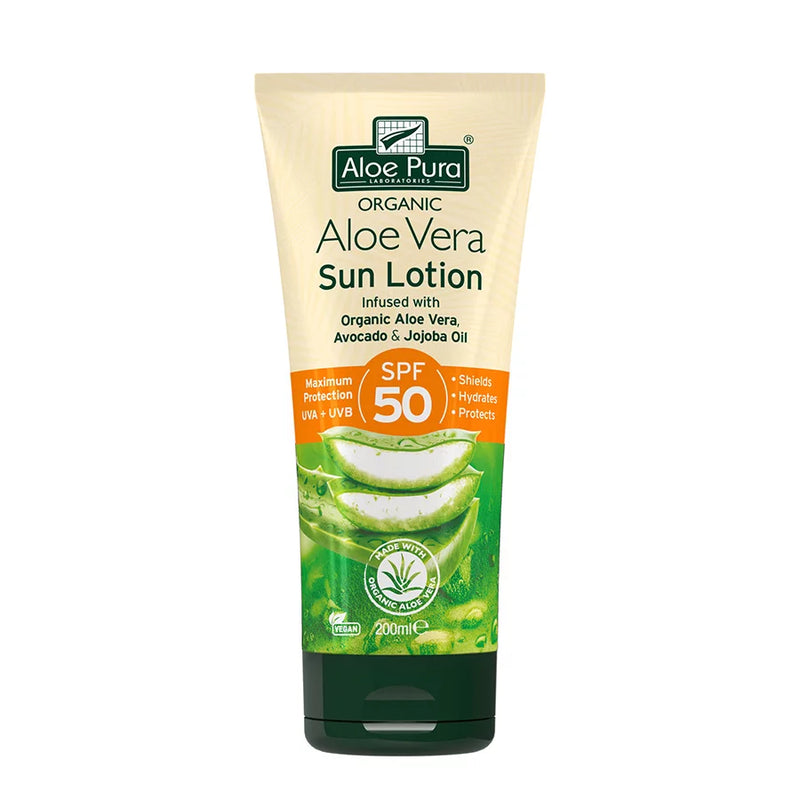 Organic ALOE VERA SUN LOTION with Avocado, Jojoba, Pomegranate, Elderflower & Chamomile SPF 50 by ALOE PURA - 200 ML