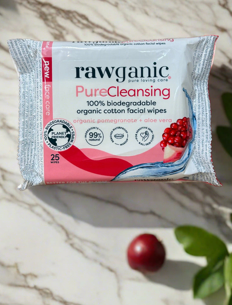 Organic Biodegradable FACIAL CLEANSING WIPES with Pomegranate & Aloe Vera, Rawganic - 25 wipes