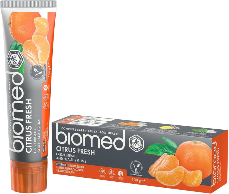 BIOMED CITRUS FRESH 97% Natural Toothpaste for Fresh Breath & Healthy Gums with Mandarin, Grapefruit & Lemon - Vegetarian, SLES Free - 100g