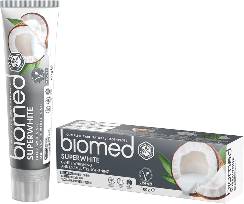BIOMED SUPERWHITE 97% Natural Hydroxyapatite Toothpaste for Enamel Strengthening & Whitening with Coconut - Vegan, SLES Free - 100g