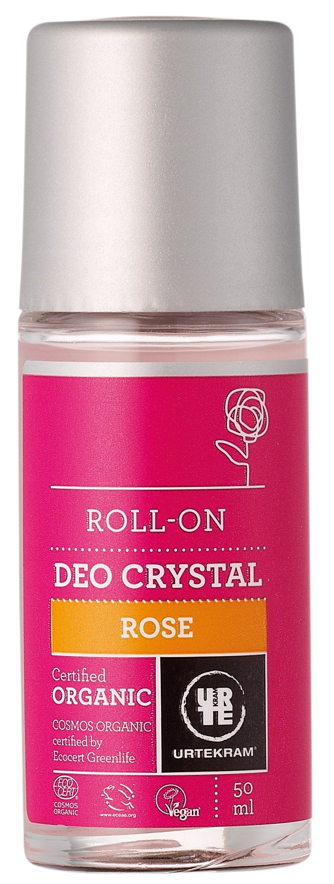 Urtekram Natural Deodorant - ROSE CRYSTAL ROLL ON - Preservative & Aluminium Chlorhydrate FREE, 50 ml