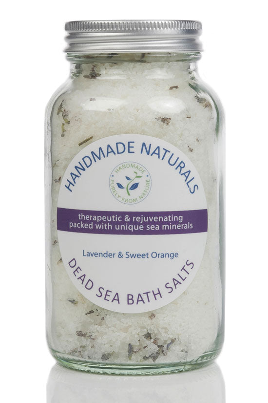 Calming  *LAVENDER & ORANGE* Dead Sea BATH SALTS with Lavender Buds - Soothing for Skin, Muscles & Mind - Glass Jar