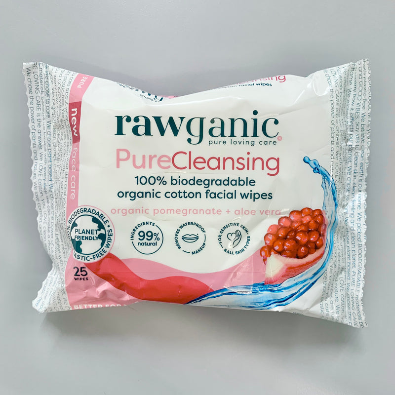 Organic Biodegradable FACIAL CLEANSING WIPES with Pomegranate & Aloe Vera, Rawganic - 25 wipes
