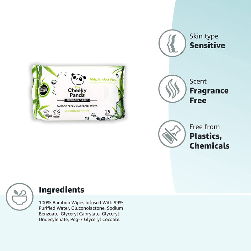 Biodegradable & Sustainable BAMBOO FACIAL WIPES by Cheeky Panda - pack 25 - FRAGRANCE FREE